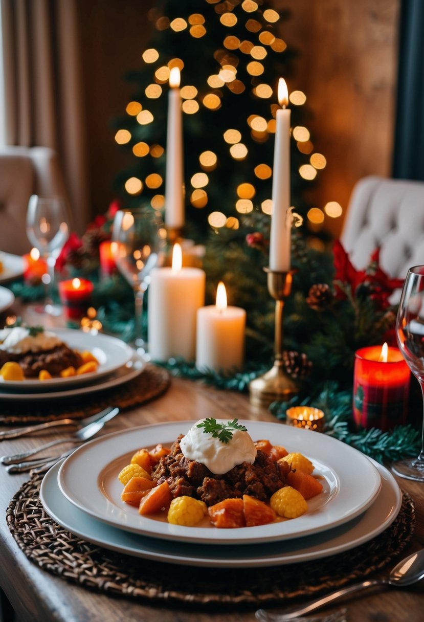 A cozy dinner table set with themed decor, candles, and a delicious meal