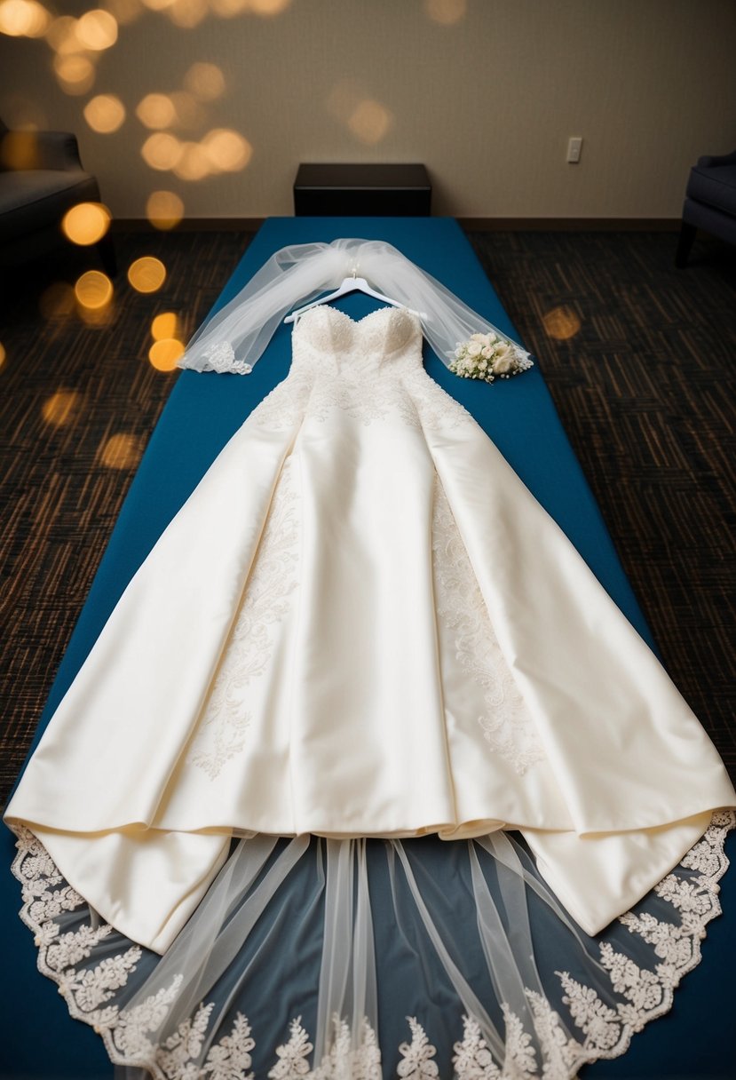 A bridal gown, veil, and accessories laid out on a table for a test drive