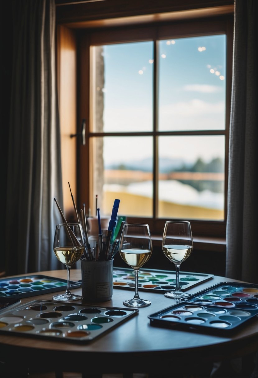 A cozy, dimly lit room with a table set with paint supplies and glasses of wine. A view of a tranquil landscape through a window