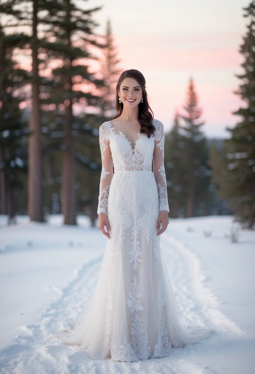 A bride in a floor-length, long-sleeved lace gown with delicate snowflake embroidery, standing in a snowy forest with pine trees and a soft, pink sunset in the background