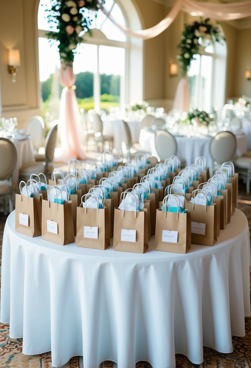 A table with neatly arranged welcome bags, filled with items for guests, sits in a sunlit room adorned with wedding decor