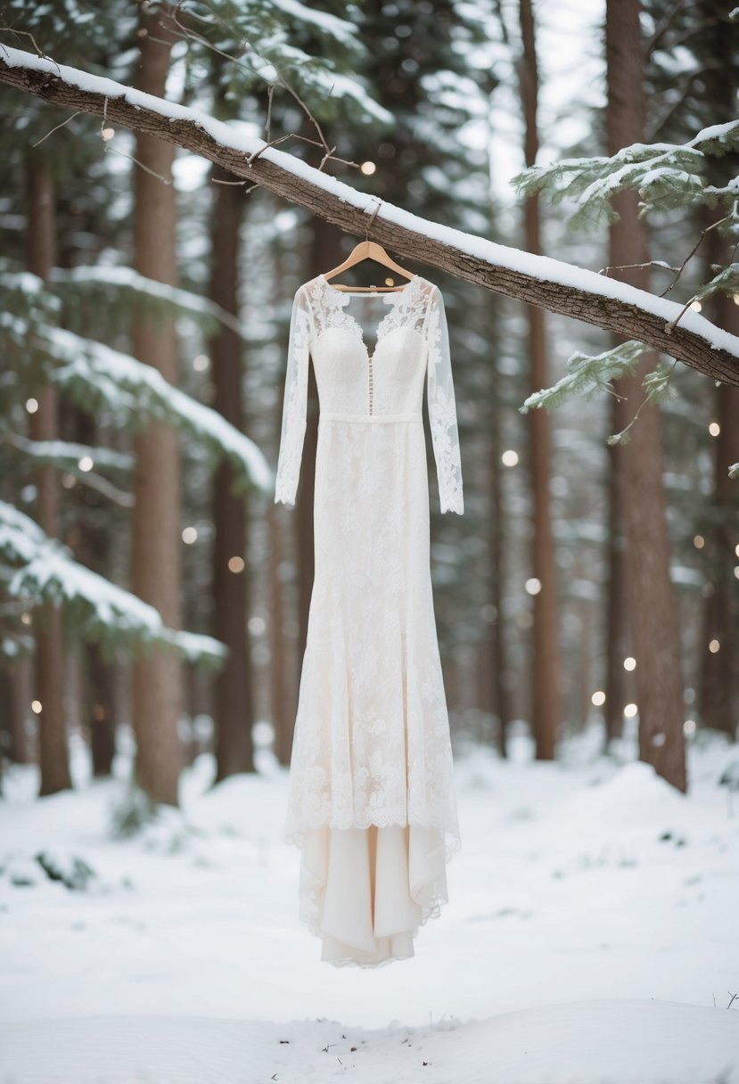 A snow-covered forest clearing with a delicate lace long sleeve wedding dress hanging from a tree branch, surrounded by sparkling winter foliage