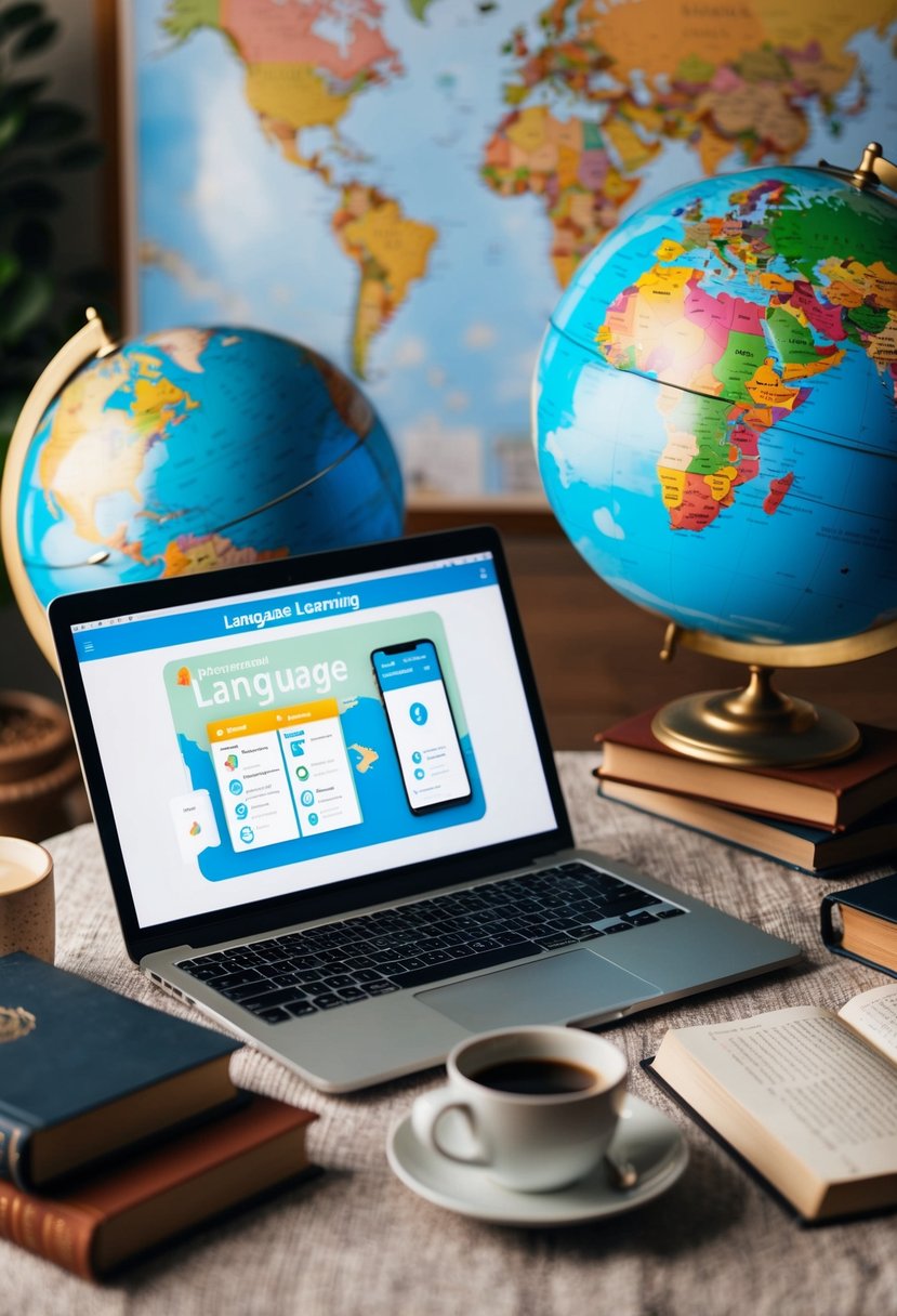 A laptop displaying a language learning app, surrounded by globes, books, and a cup of coffee, on a cozy table with a map in the background