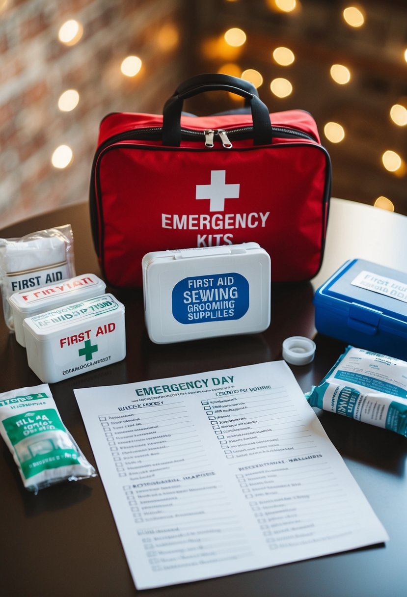 A table with emergency kits: first aid, sewing, and grooming supplies, alongside a checklist and schedule for the upcoming wedding day