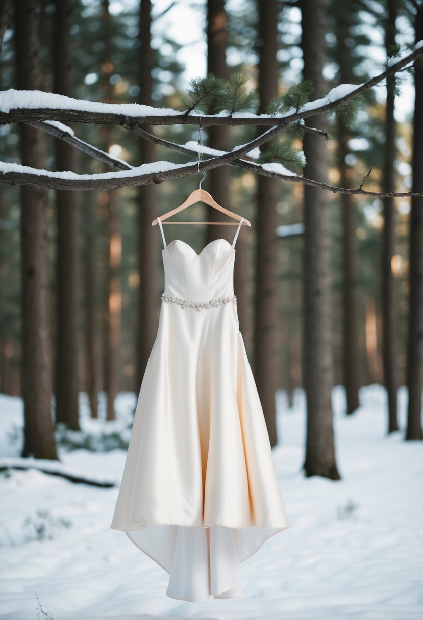 A snowy forest clearing with a small, elegant satin wedding dress hanging from a tree branch, surrounded by soft winter light