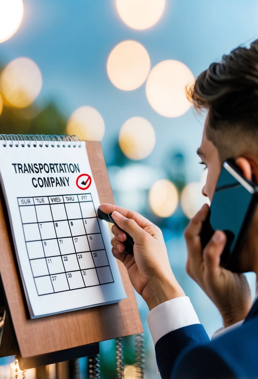 A person checking a calendar with a wedding date circled, while talking on the phone with a transportation company