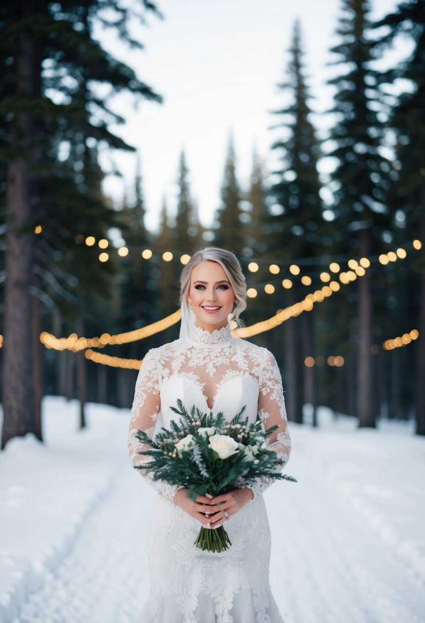 A bride in a high-neck lace gown stands in a snow-covered forest, surrounded by tall pines and twinkling lights