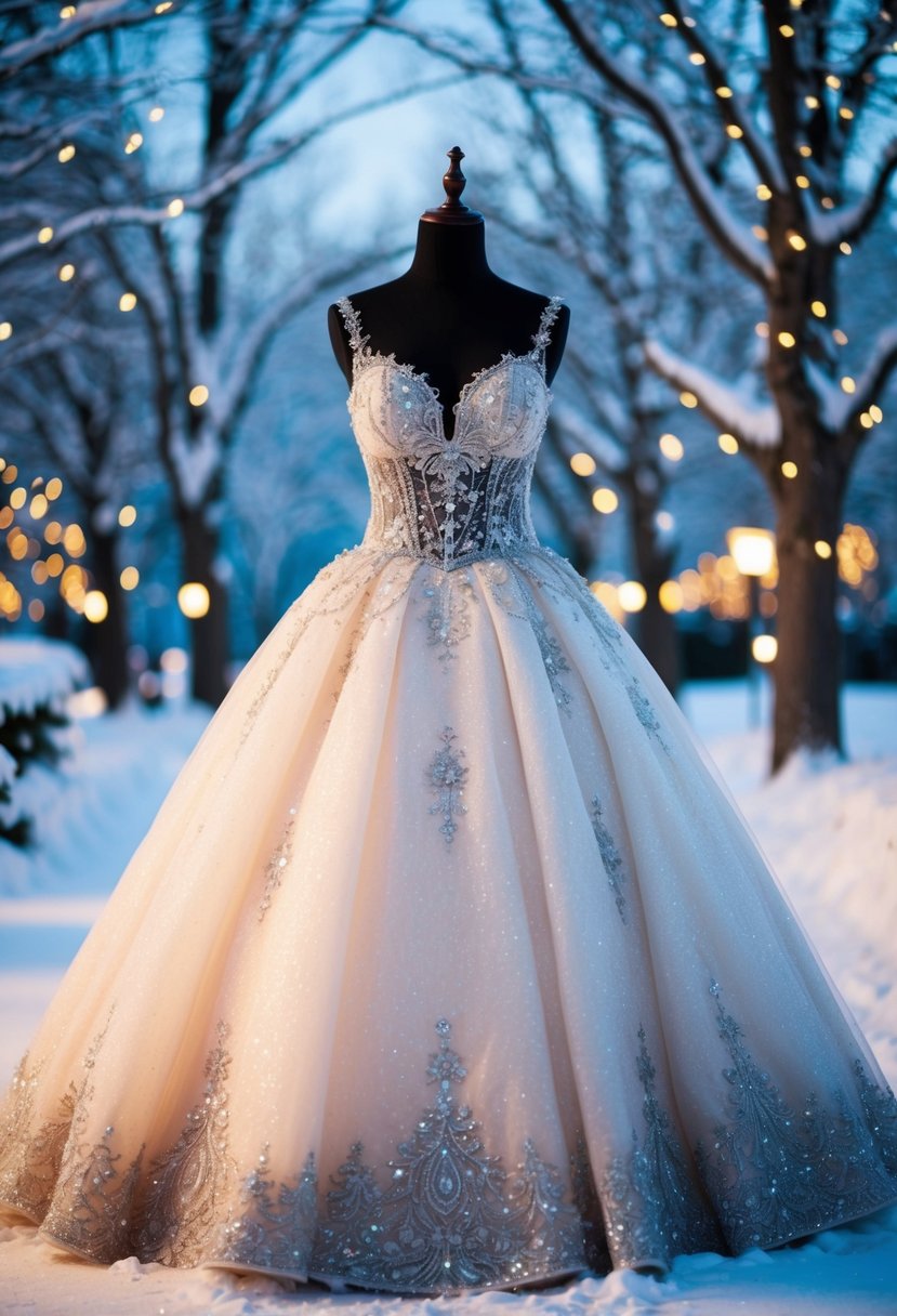 A sparkling ball gown in a winter wonderland, with intricate lace and shimmering details, surrounded by snow-covered trees and twinkling lights