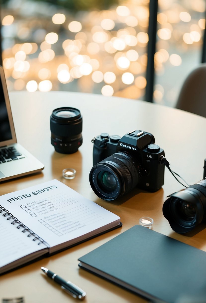 A table with a notebook, pen, and camera. A checklist of photo shots with wedding-related items scattered around