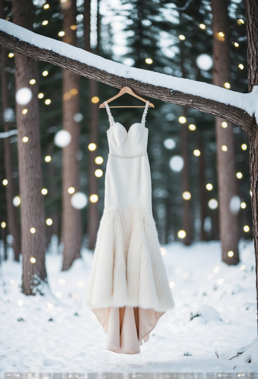 A snow-covered forest clearing with a white faux fur wedding dress hanging from a tree branch, surrounded by twinkling lights and shimmering snowflakes