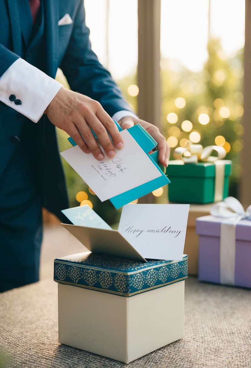 A figure gathers gifts and cards for a wedding, placing them in a decorative box