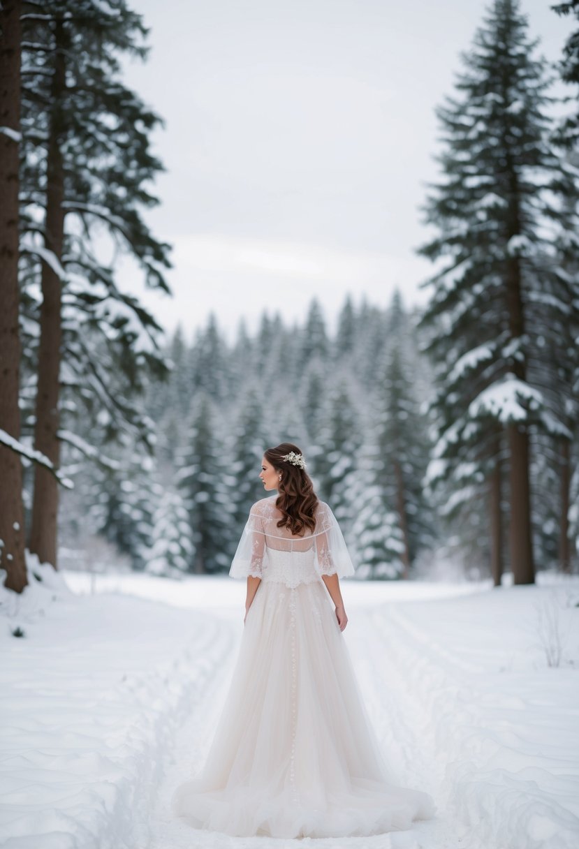 A snow-covered forest clearing with a bride in a long, flowing winter wedding dress adorned with a delicate bridal cape charm