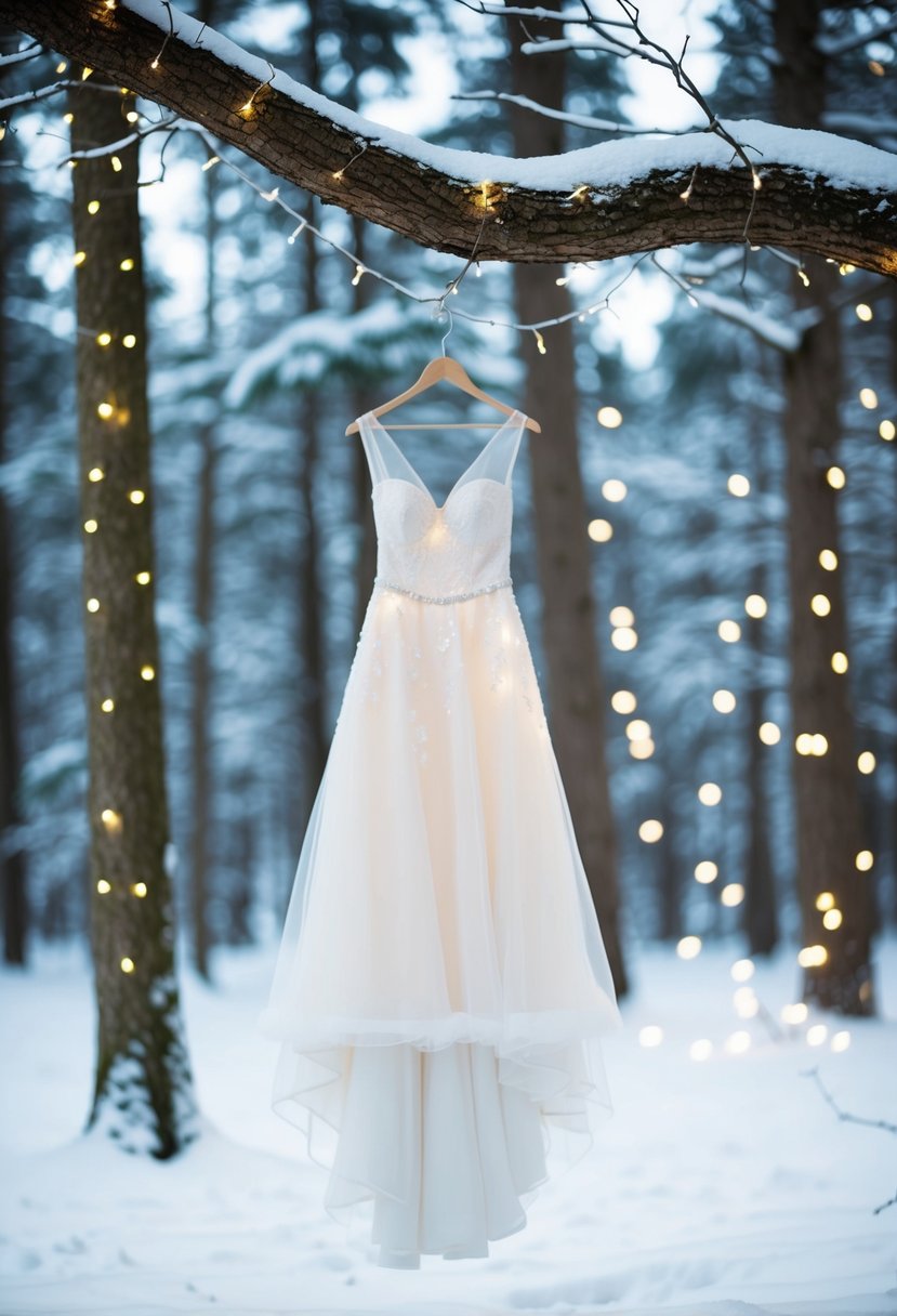 A snow-covered forest clearing with a delicate organza winter wedding dress hanging from a tree branch, surrounded by twinkling fairy lights and sparkling snowflakes