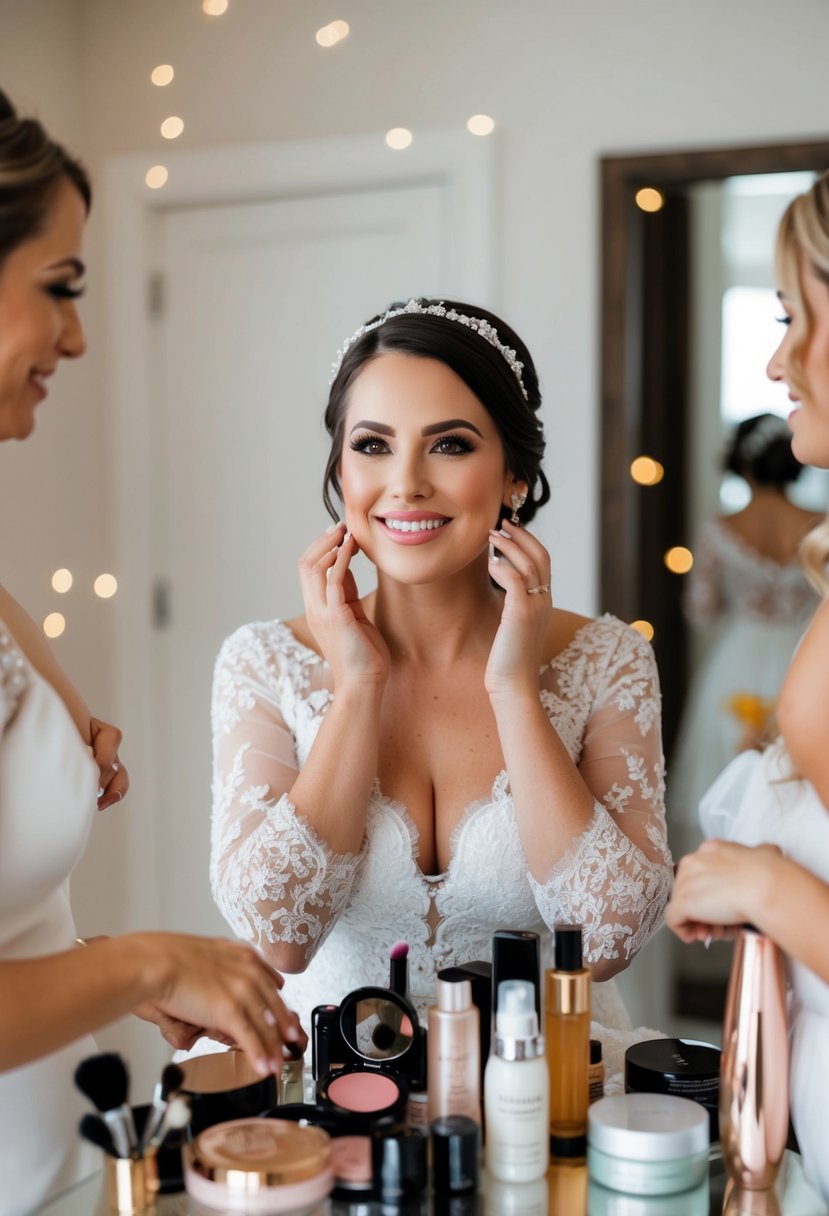 A bride surrounded by beauty products and getting ready for her wedding day