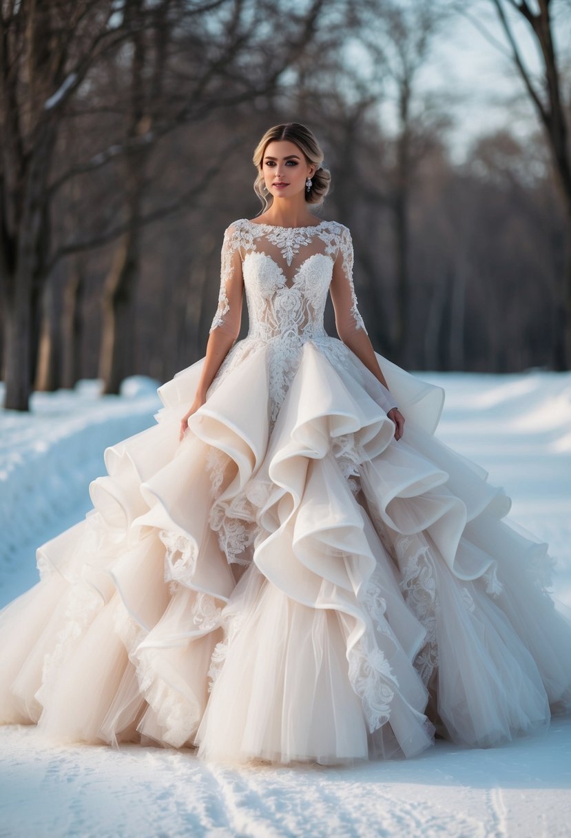 A grand, voluminous winter wedding dress with intricate tulle details cascading down the skirt and a delicate lace bodice