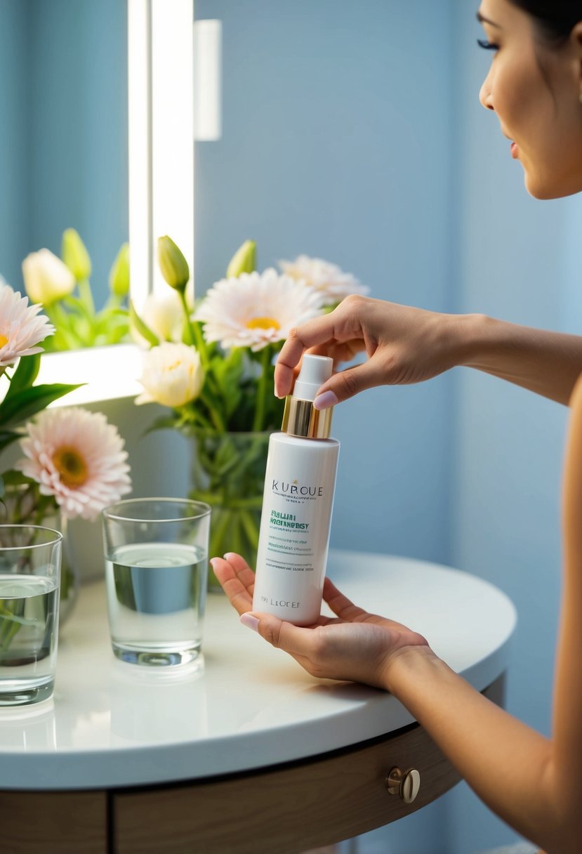 A woman's hand reaching for a bottle of moisturizer on a vanity table, surrounded by fresh flowers and a glass of water