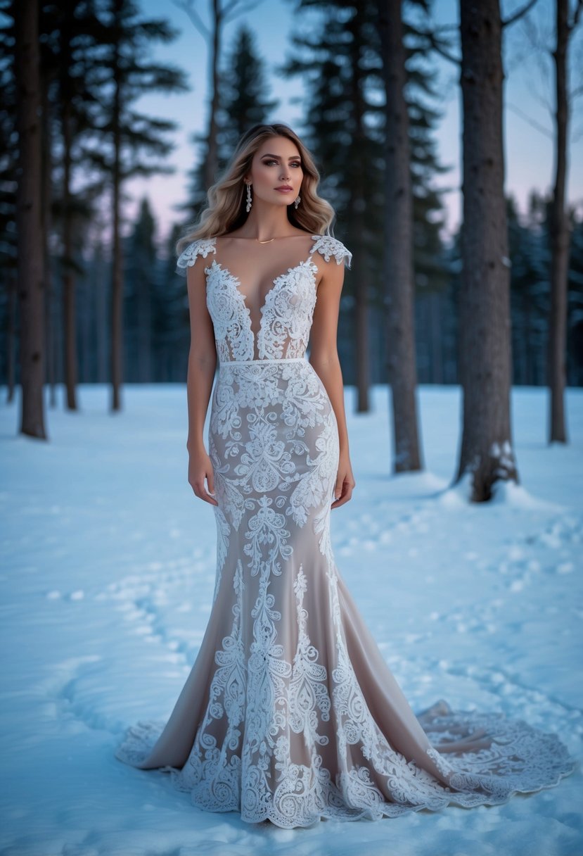 A snowy forest clearing at dusk, with intricate lace patterns adorning a flowing, floor-length gown