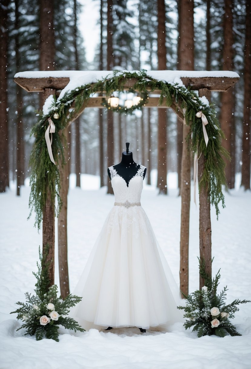 A snowy forest clearing with a rustic wooden arch adorned with chic bridal accessories. Snowflakes gently falling around a mannequin in a winter wedding dress