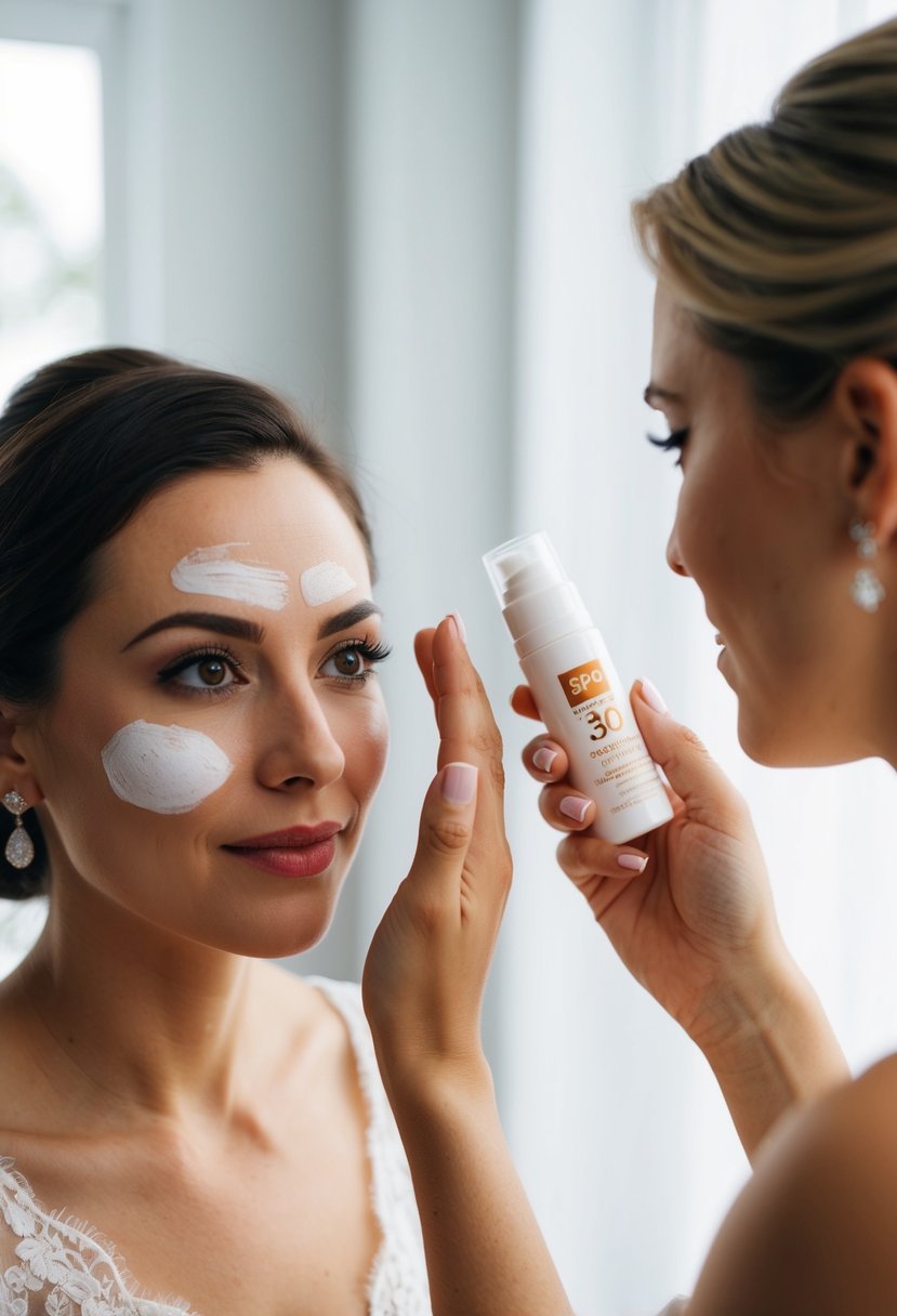 A woman applying SPF 30 to her face before her wedding