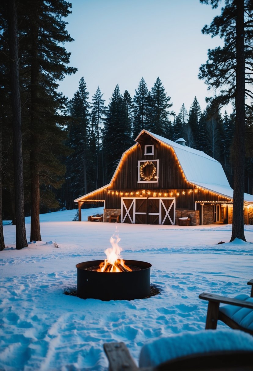 A snowy landscape with a rustic barn adorned with twinkling lights, surrounded by tall pine trees and a cozy fire pit