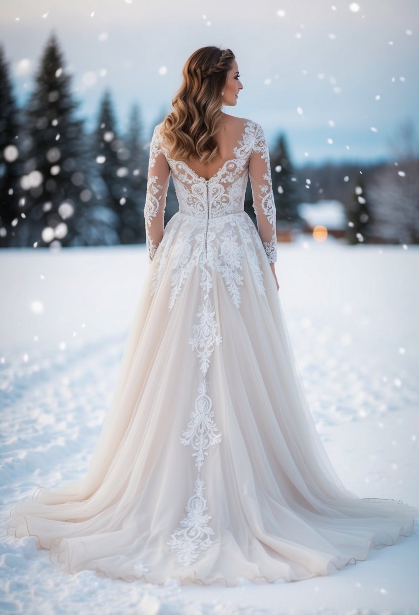 A flowing winter wedding dress adorned with intricate lace designs, set against a snowy backdrop