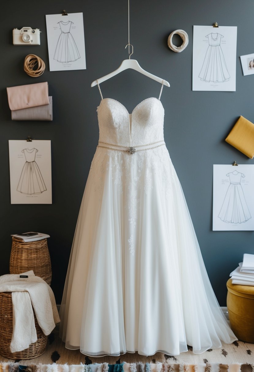 A plus size wedding dress hanging on a mannequin, surrounded by fabric swatches and design sketches