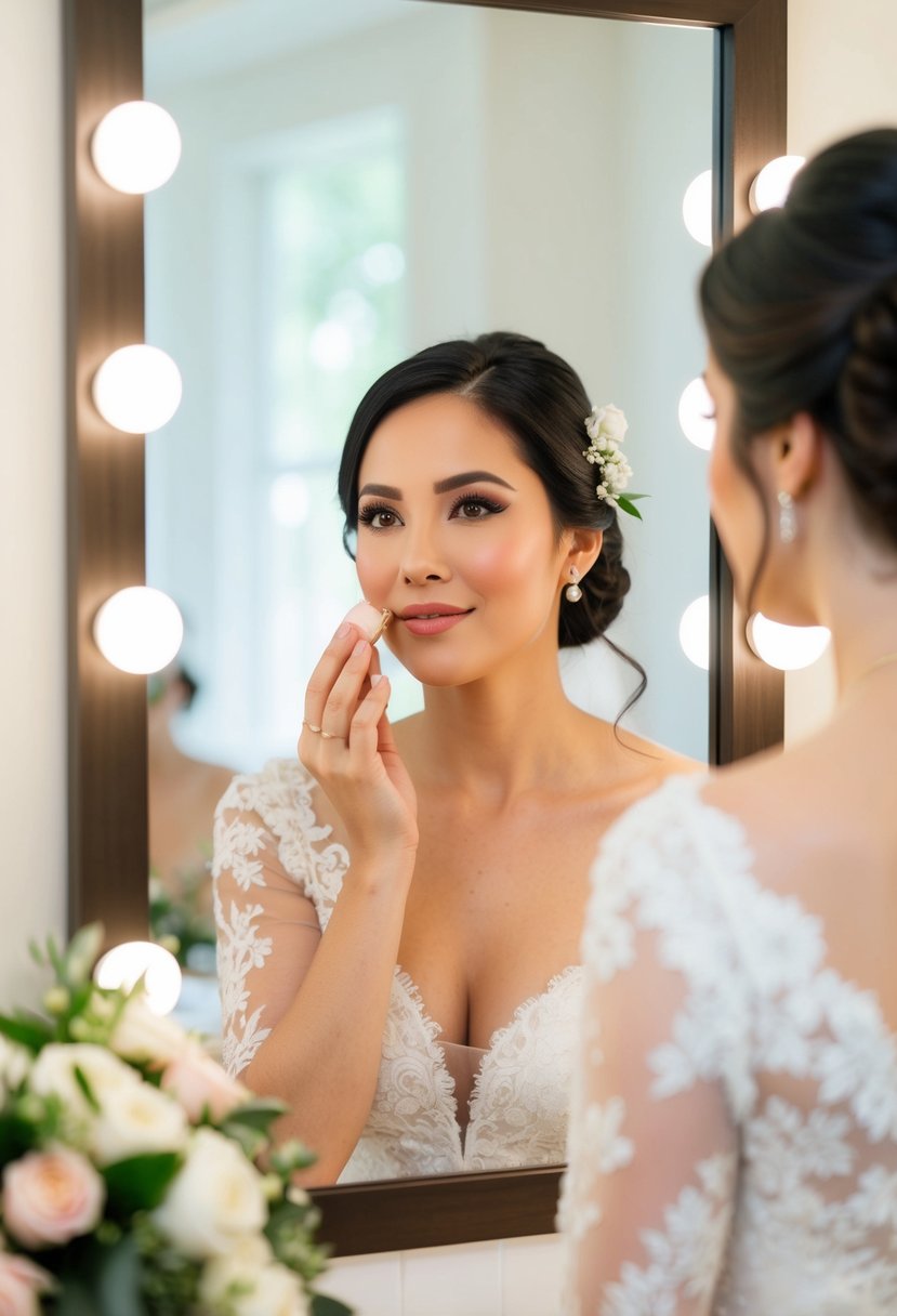 A bride applying natural-looking foundation in front of a well-lit mirror with a bouquet of flowers on the side