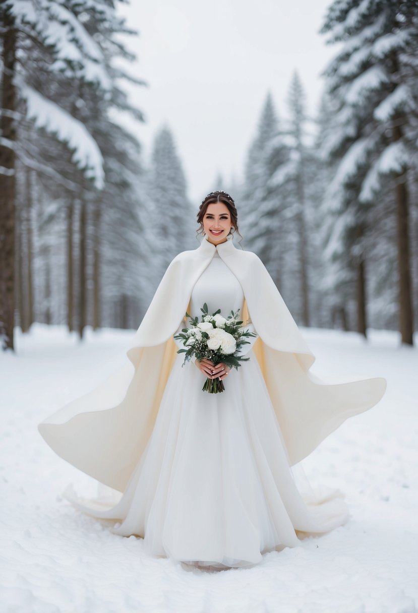 A bride stands in a snow-covered forest wearing a flowing winter wedding dress with a modern bridal cape billowing in the wind