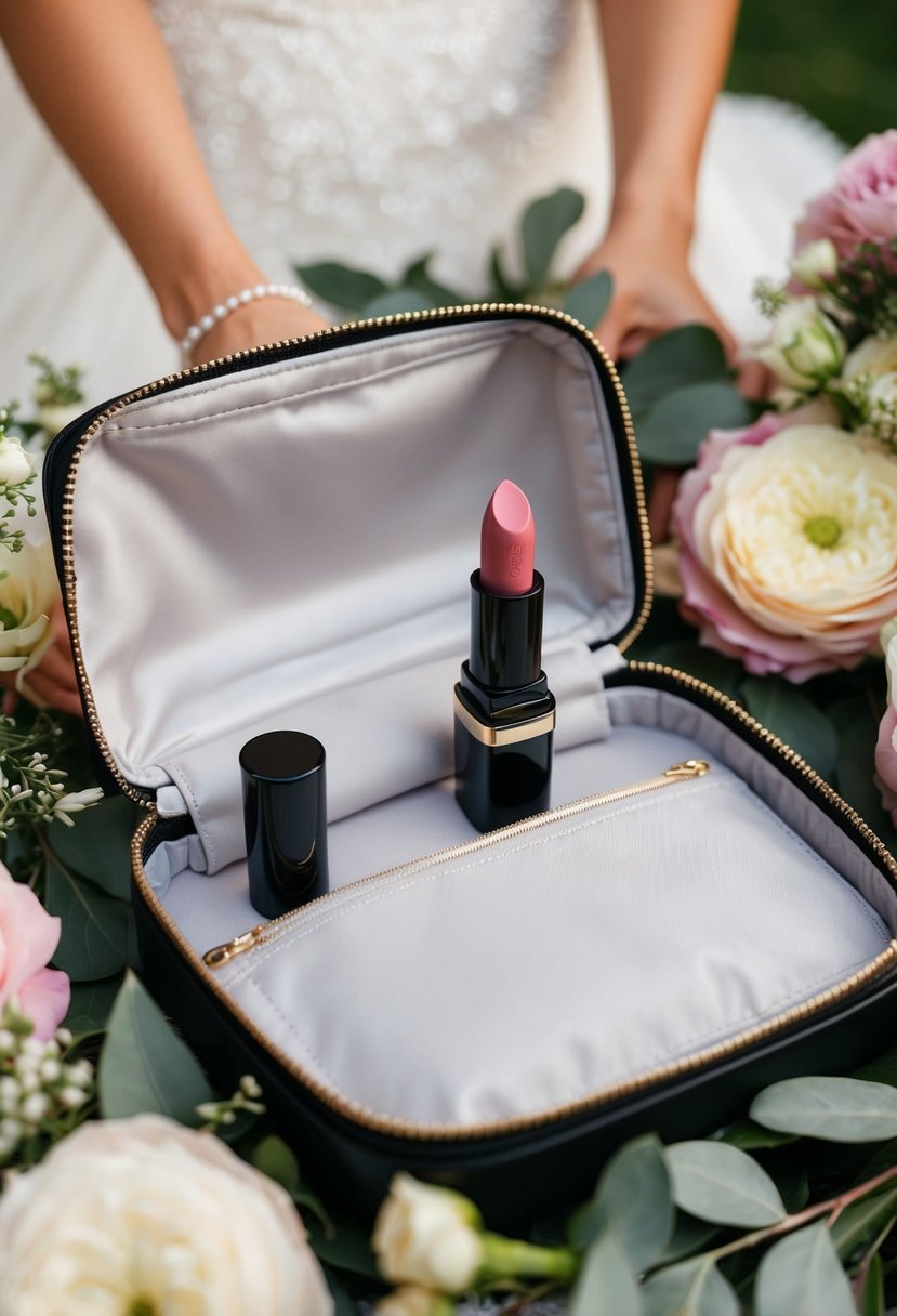 A bride's open makeup bag with a long-lasting lipstick, surrounded by flowers and wedding accessories