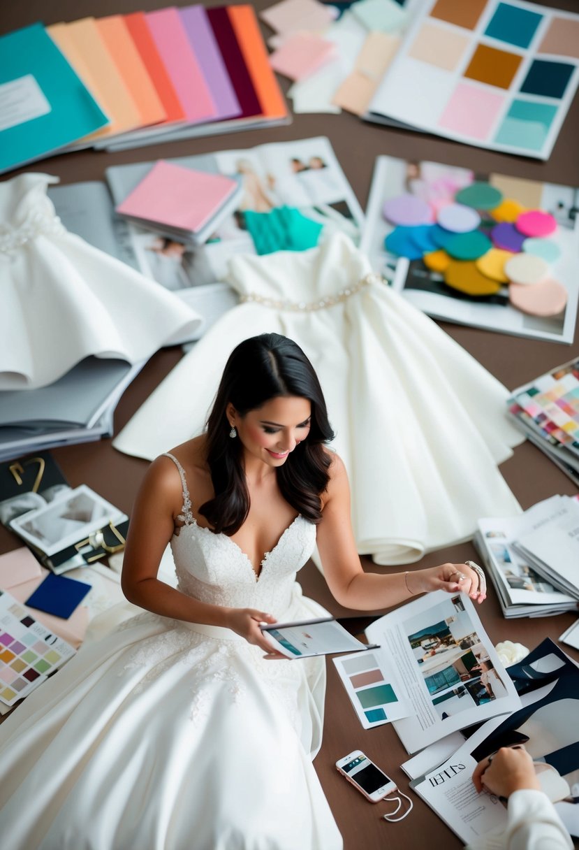 A woman browsing through various wedding dress styles online, surrounded by swatches and fashion magazines