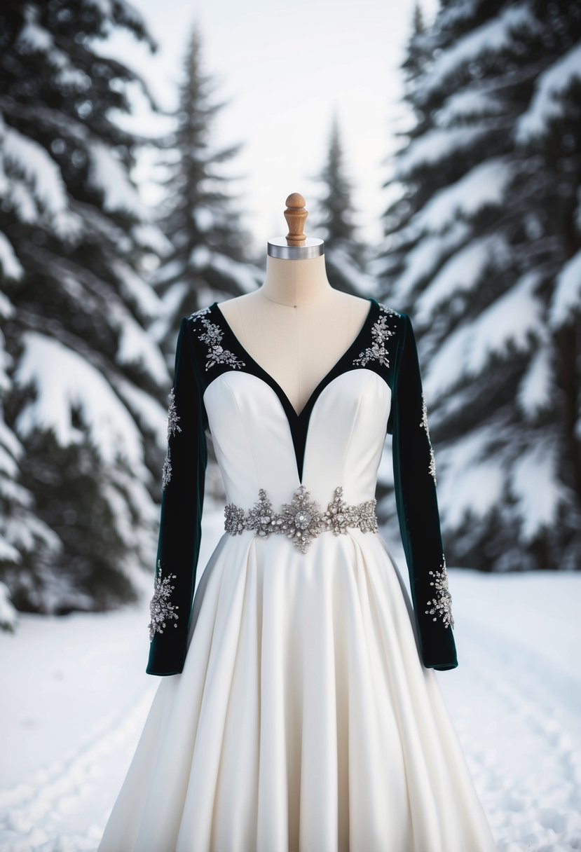 A white winter wedding dress with velvet embellishments on the bodice and sleeves, surrounded by snow-covered pine trees