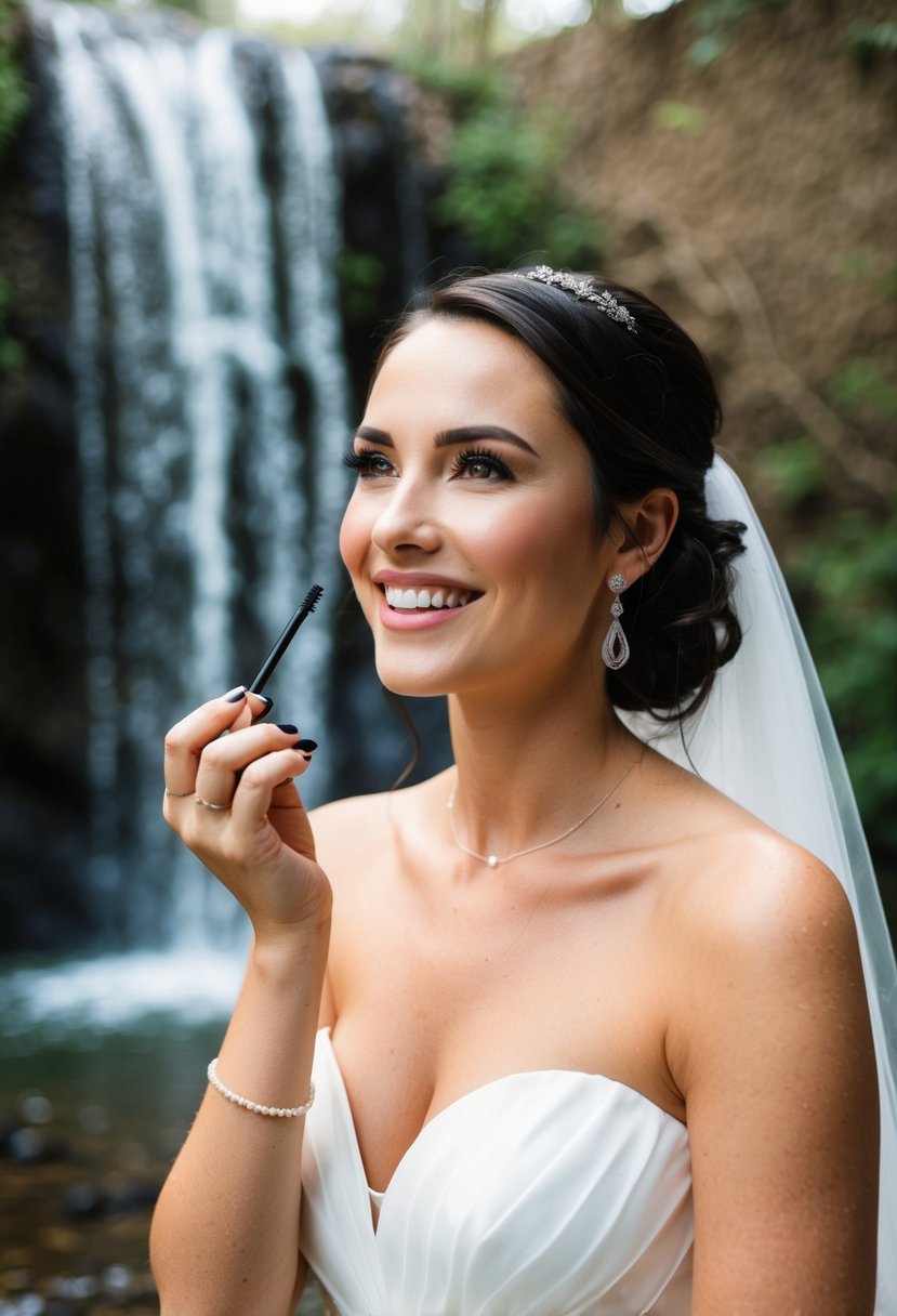 A bride standing under a gentle waterfall, wearing a white gown and smiling as she applies waterproof mascara to her lashes