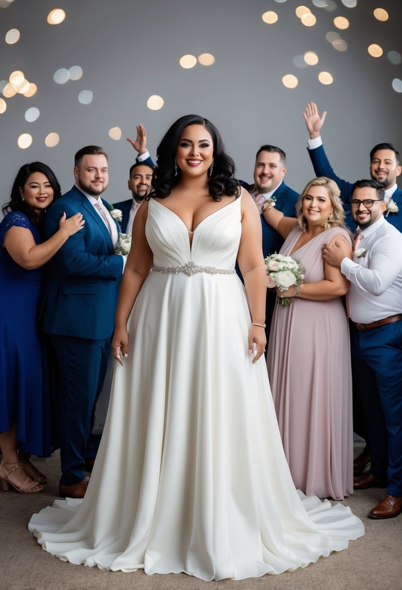 A curvy bride stands confidently in a flowing, elegant wedding dress, surrounded by supportive friends and family