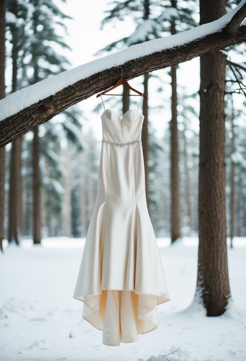 A snow-covered forest clearing with a sleek satin wedding dress hanging from a tree branch