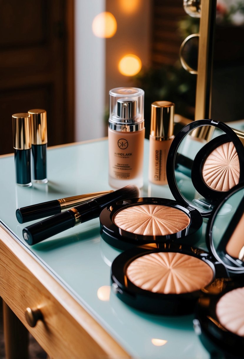 A bride's makeup table with a radiant highlighter among other beauty products