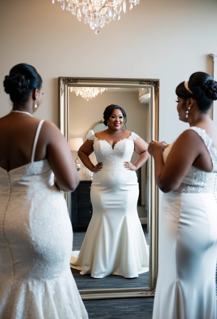 A plus-size bride stands in front of a full-length mirror, trying on different wedding dress silhouettes