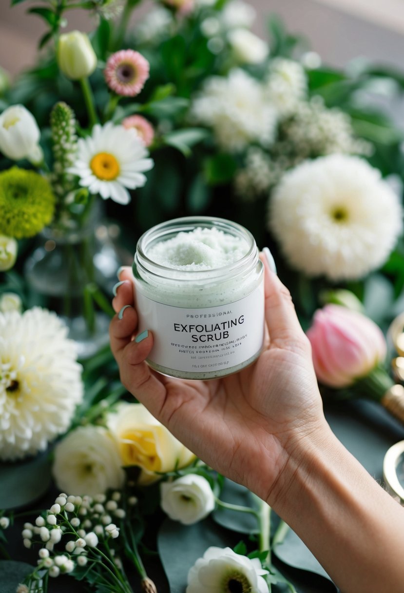 A woman's hand holding a jar of exfoliating scrub, surrounded by fresh flowers and wedding accessories