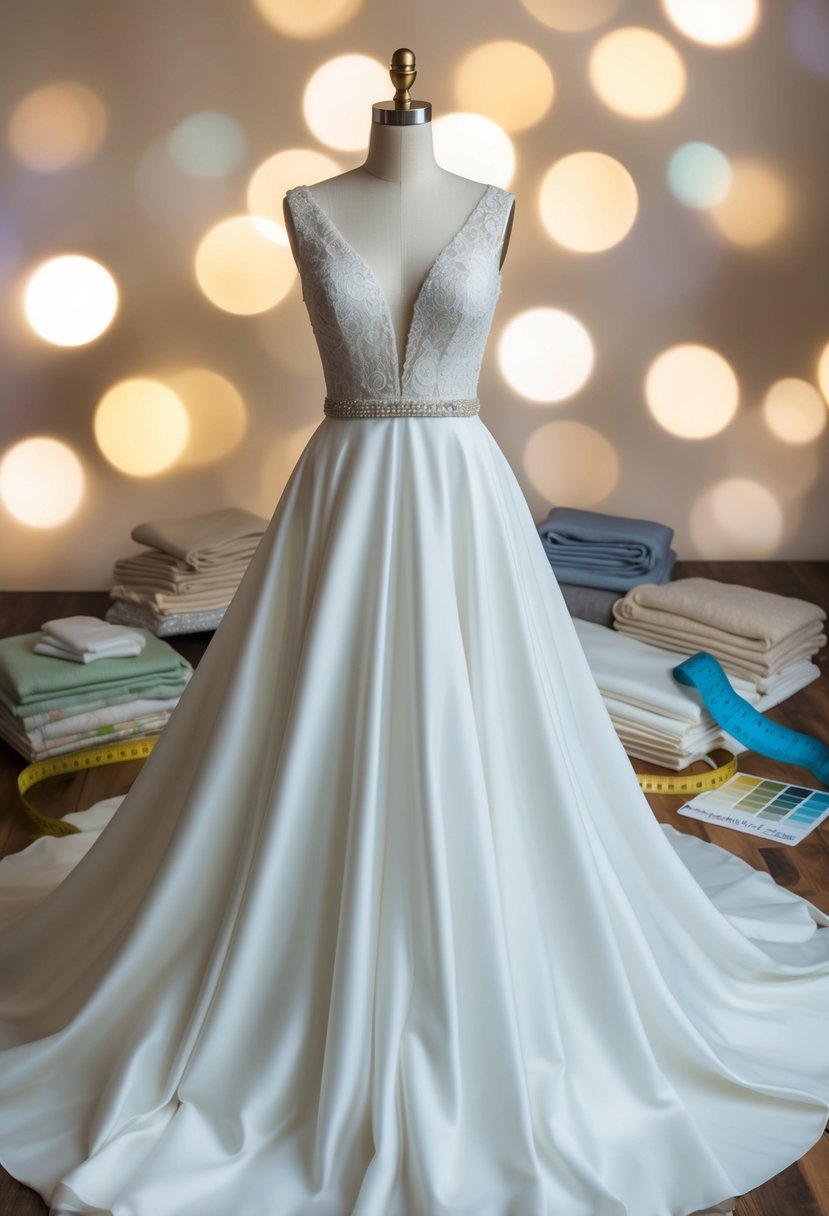 An A-line wedding dress draped over a mannequin, surrounded by fabric swatches and a tape measure