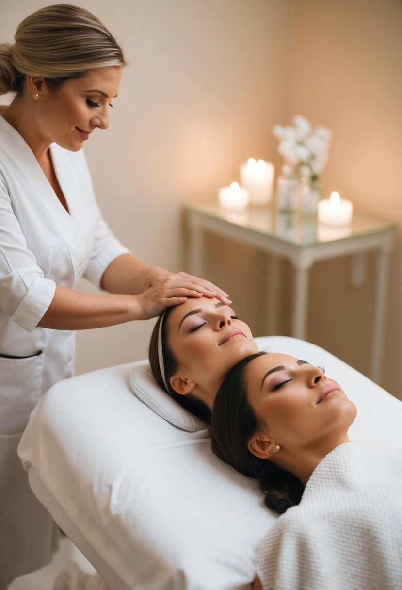 A serene spa room with a comfortable facial bed, soft lighting, and a relaxing atmosphere. A skilled esthetician performs a facial on a client, preparing her skin for the upcoming wedding day