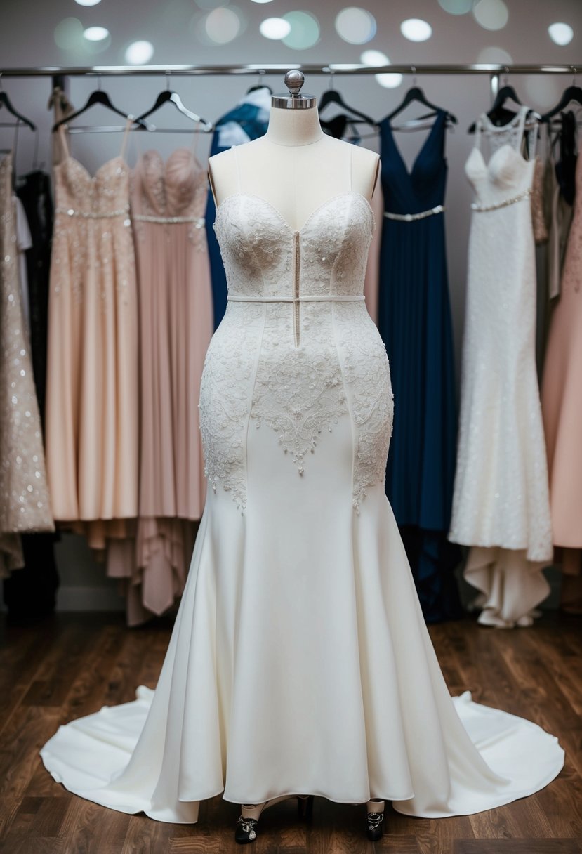 A plus size wedding dress with built-in support, displayed on a mannequin, surrounded by various dress options and accessories