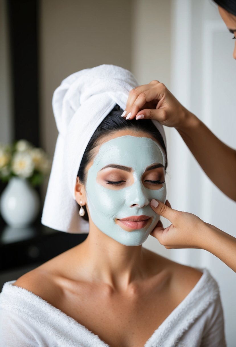 A woman applying a hydrating hair mask while getting ready for her wedding, with a serene expression on her face and a soft towel wrapped around her head