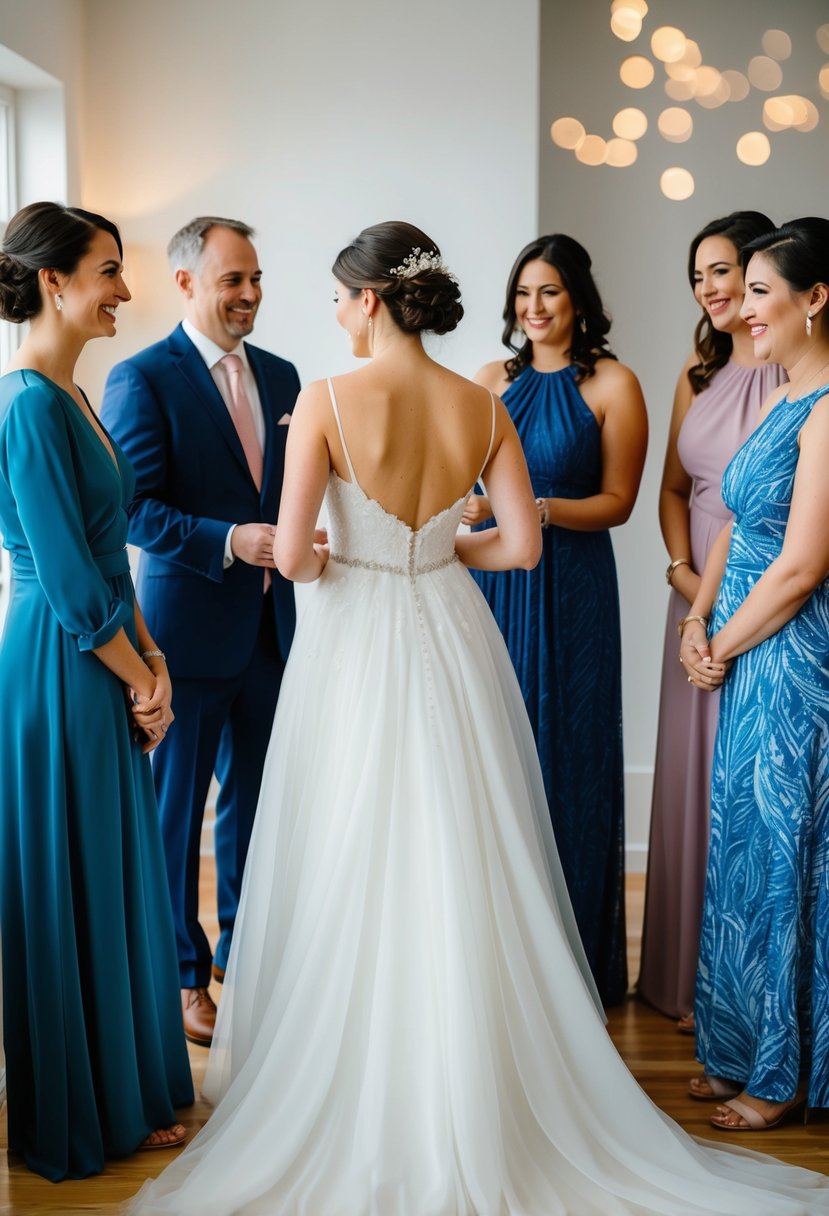 A bride trying on a flowing, comfortable wedding dress, surrounded by supportive friends and family