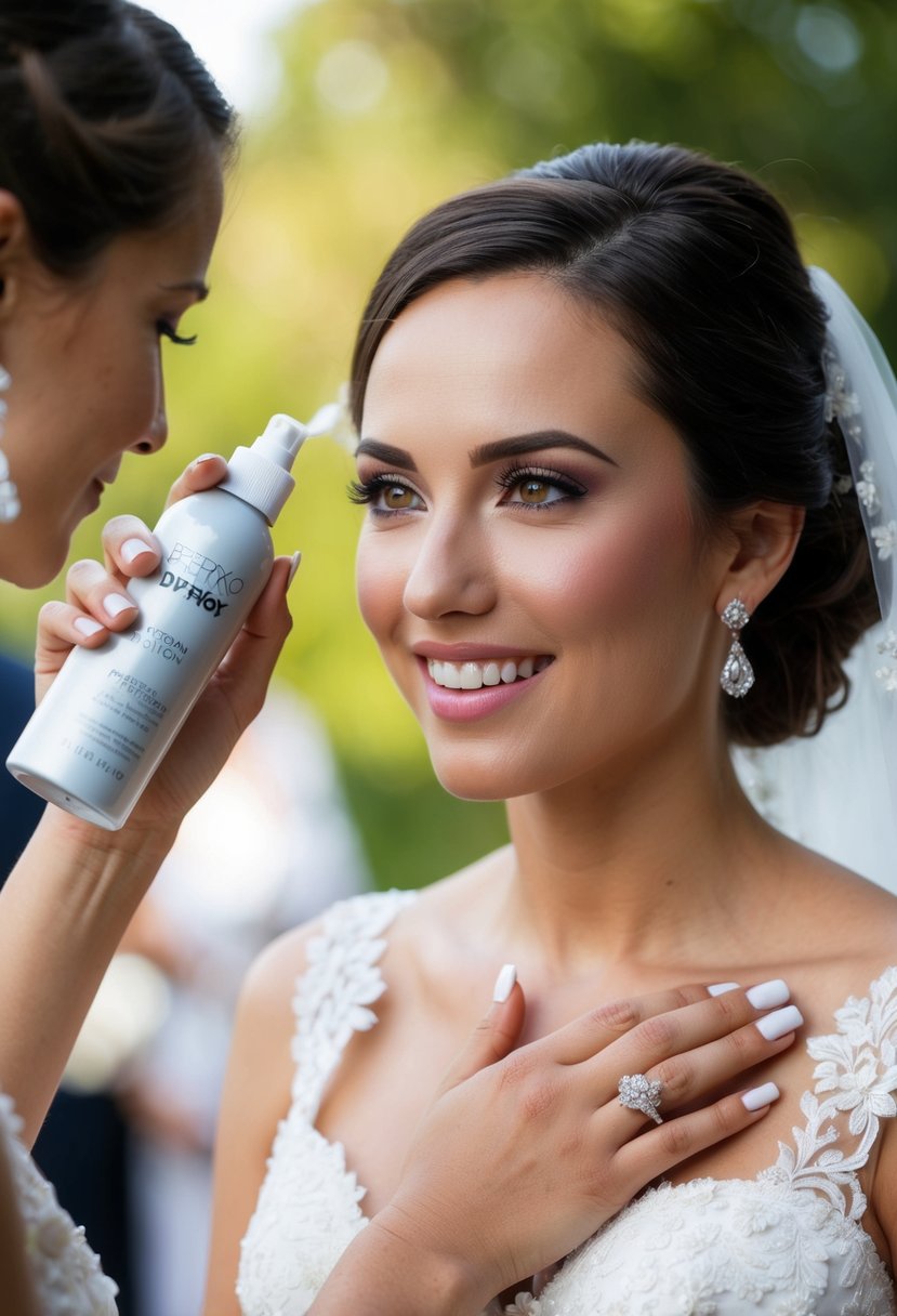 A bride sprays setting spray over her flawless makeup, ensuring it stays perfect throughout her wedding day