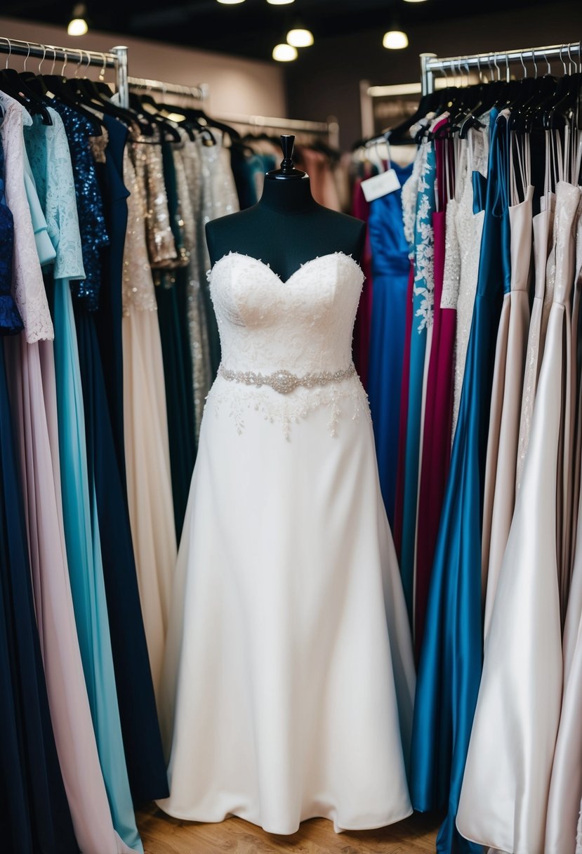 A plus-size wedding dress displayed on a mannequin, surrounded by racks of various dress sizes and styles