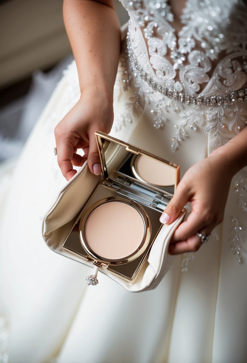 A bride's elegant clutch opens to reveal a gleaming compact powder for touch-ups