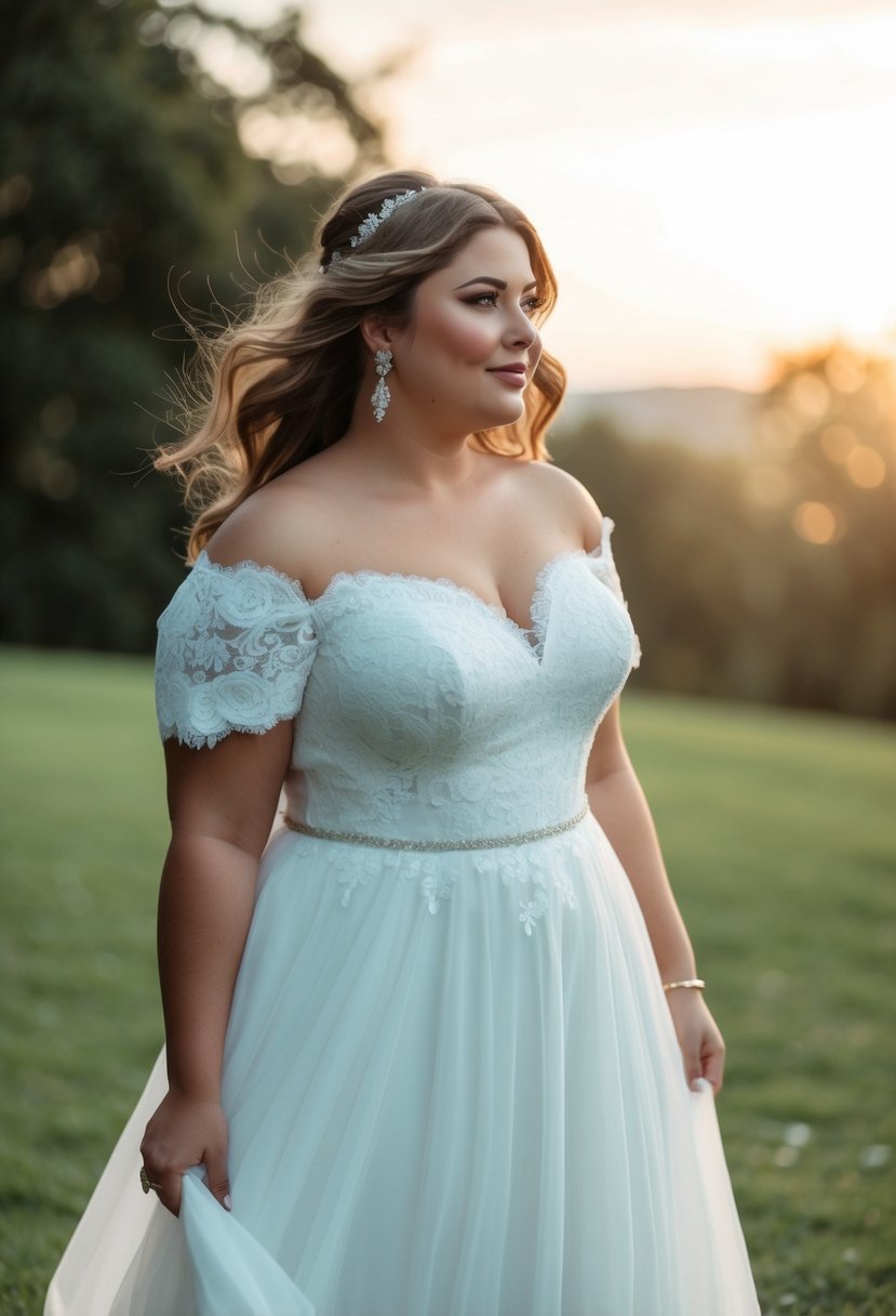 A plus-size wedding dress with an off-shoulder neckline, flowing fabric, and delicate lace details