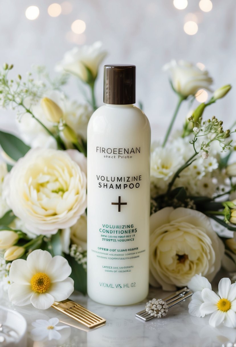 A bottle of volumizing shampoo and conditioner surrounded by delicate wedding flowers and elegant hair accessories