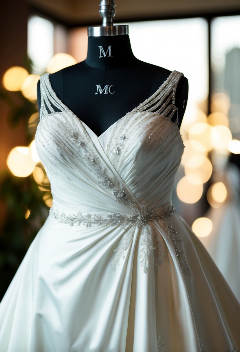 A plus size wedding dress with asymmetrical details on a mannequin