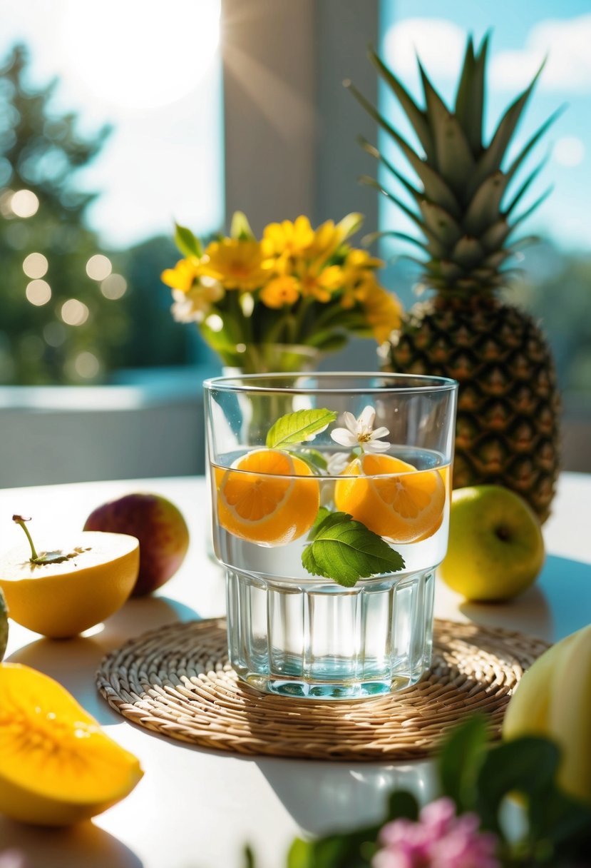 A glass of water surrounded by fresh fruits and flowers on a sunlit table