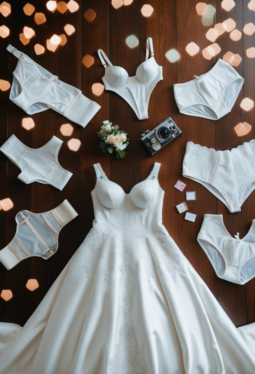 A plus-size wedding dress surrounded by various supportive undergarments